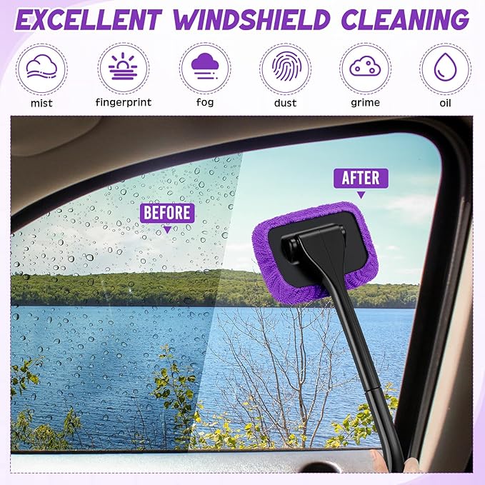 8 Pcs Car Windshield Cleaner Tool Kit with Removable Handle, Microfiber Towel Pads, Brush, Empty Spray Bottle for Auto Glass Wiper Suvs Rvs & Home Windows(Purple)