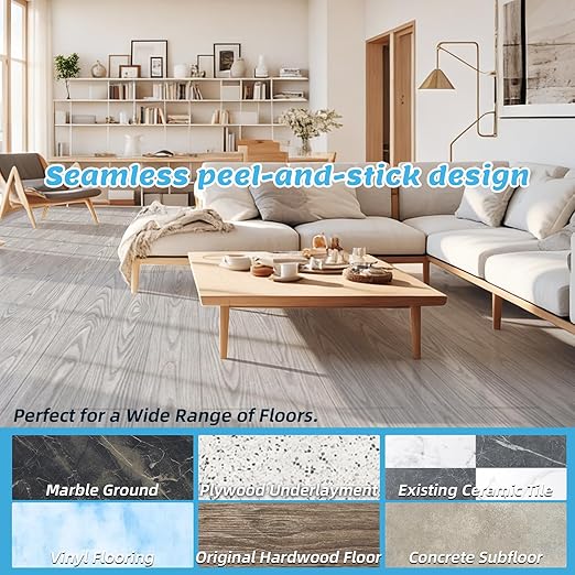 Art3d 15 Sq.ft Peel and Stick Floor Tiles, 10Pcs Luxury Vinyl Plank Flooring Wood Look, 36" × 6" Adhesive and Waterproof Tile Sticker for Bedroom, Living Room, Kitchen, Light Gray