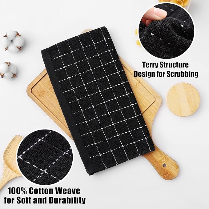 Homaxy 100% Cotton Terry Kitchen Dish Cloths, Ultra Soft and Absorbent Dish Towels for Kitchen, Suitable for Drying and Washing Dishes, 18 Pack, 12 x 12 Inches, Black