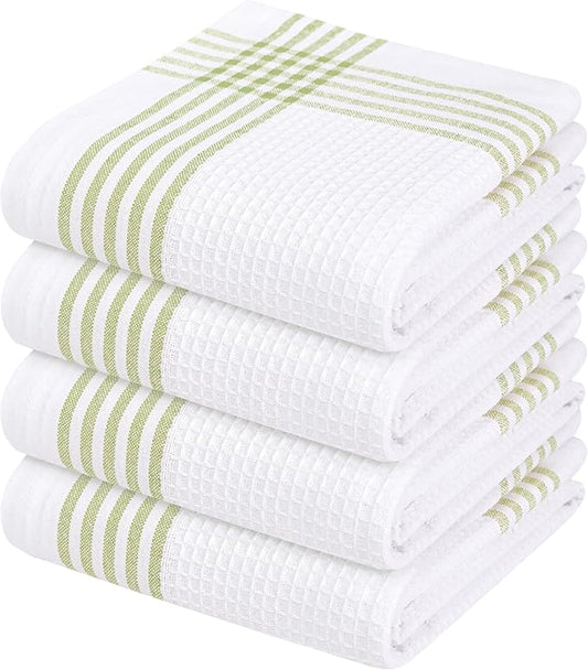 Waffle White & Lemon Green 4 Pack Kitchen Towels, 100% Cotton, 16x26 inches, Everyday Use Dish Cloths Set, Durable and Absorbent Hand Towel, Ideal for Drying Dishes, DIY Embroidery