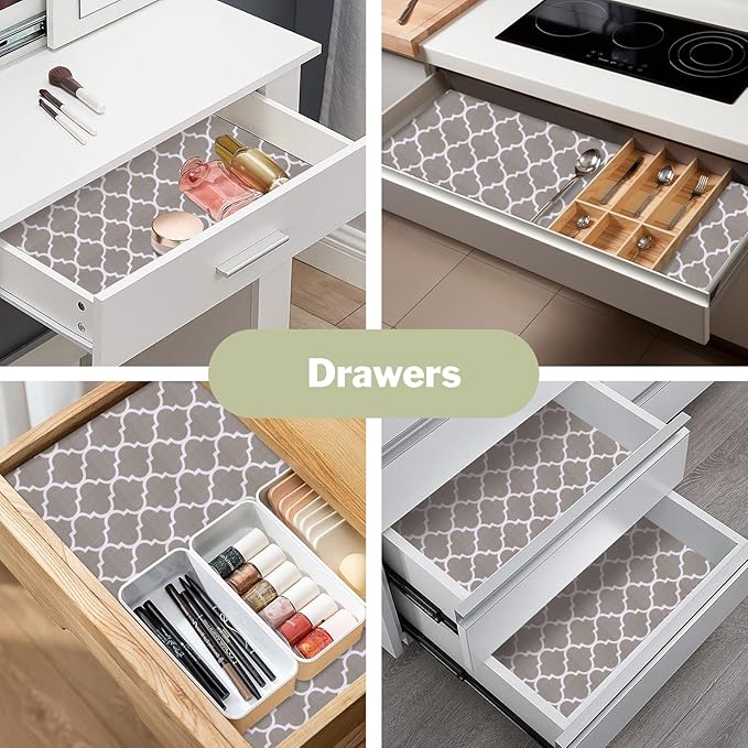 Drawer and Shelf Liner for Kitchen Cabinet: 17 in X 20 Ft Non Slip Waterproof Shelf Paper Non Adhesive Refrigerator Liners Gray Quatrefoil Easy Liners for Bathroom Cupboard with Knife Tape Measure