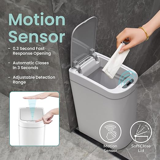 Ninestars Automatic Motion Sensor Bathroom Trash Can, 1.8 Gallon Smart Opening Garbage Bin for Bathroom, Bedroom, Kitchen, Office 2 Pack