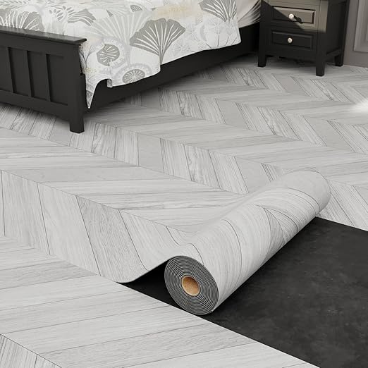 Oxdigi Peel and Stick Herringbone Vinyl Flooring Roll 23"x 196"/32 Sq.Ft, Self Adhesive Vinyl Floor Tiles Wood Plank Flooring Waterproof Wear-Resistant for Any Room, DIY Floor Coverings, Off-White