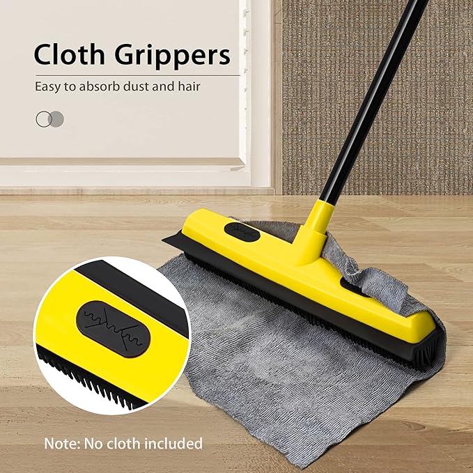 Rubber Broom with Squeegee, Pet Hair Removal 52.8 inches Long Handle, Push Fur Remover Tool with Portable Detailing Lint Brush for Fluff Carpet, Window, Tile, Hardwood Floor Cleaning (Yellow)