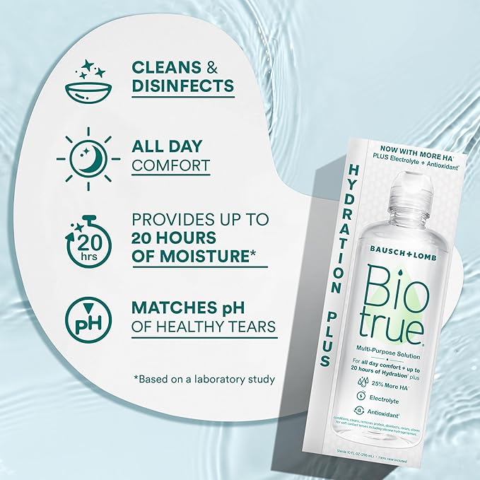 Biotrue Hydration Plus Contact Lens Solution, Multi-Purpose for Soft Lenses, Hydrates with Hyaluronan, Cleans, Clears, and Disinfects for All-Day Comfort, 4 Fl Oz (Pack of 1)