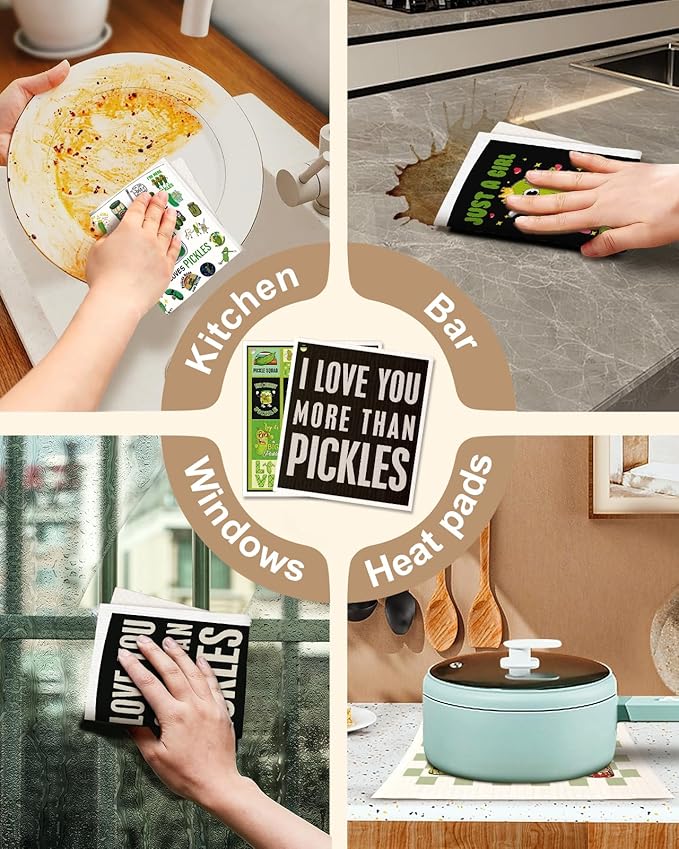 Swedish Dishcloths for Kitchen with Hooks - Reusable Dish Cloths for Washing Dishes Fast Drying Cute Fun 5 Pack Swedish Dish Towels Washable Cleaning Sponge, Cucumber