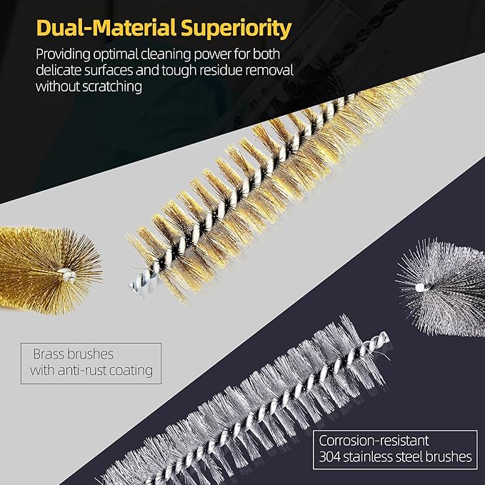 16Pcs Stainless Steel & Brass Wire Tube Brushes Bottle Brush Set,12" Long Wire Bore Brushes for Deep Cleaning Pipes,Tubes,Narrow Spaces, Engine Parts, Home Brew(1/4"-1" Sizes)