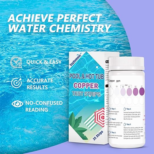 Copper Test Strips for Pool Water: 25 Counts Pool Copper Test Kit for Testing Range 0-2 ppm Copper in Swimming Pool Hot-Tub Spa - Pool Metal Test Kit for Above-Ground and Inground Pool Testing Copper