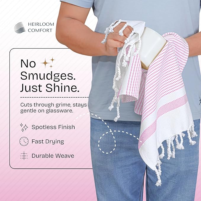 Pink Turkish Kitchen Towels 16x26 Inch, 3 Pack, 100% Cotton, Ultra Absorbent, Soft, Fast Dry, Machine Washable, Dish Towel with Tassels for Drying Dishes, Cleaning, Everyday Use