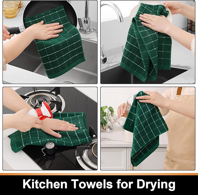 Mordimy 100% Cotton Terry Cloth Kitchen Towels, Super Soft and Absorbent Dish Towels for Drying, Checkered Designed Hand Towels for Kitchen, 16 x 26 Inches, 6 Pack, Dark Green