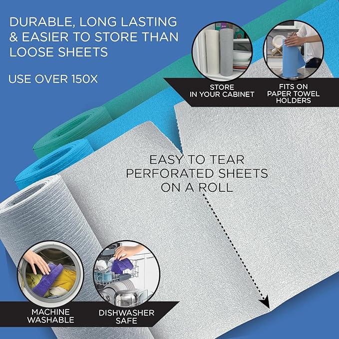 LOLA Swedish Dishcloths for Kitchen XL, 30 Sheet Roll, Biodegradable & Compostable, Reusable Paper Towel Cleaning Cloths, 11" x 10", No Odor, Washing Dishes, Ultra Absorbent Cellulose Sponge Towel