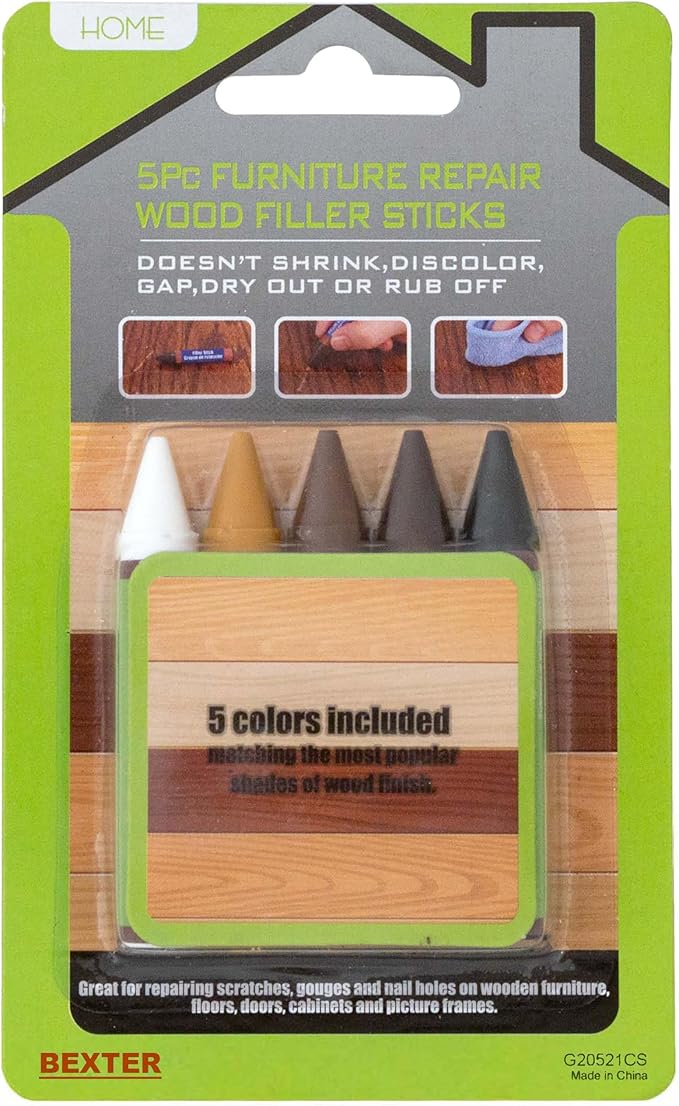(Pack of 5) Wax Wood Furniture Filler Sticks – Wood Scratch Repair Kit for Floors, Cabinets, Tables & Chairs – 5 Color Blendable Crayons for Quick Touch-Up – Fills Dents, Cracks, and Holes
