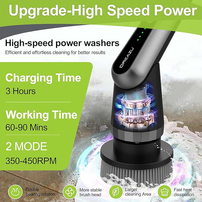 G2-Pro Electric Spin Scrubber - Upgraded 10-in-1 scrubber brush electric, Retractable Handle & 2-Speed for Bathroom, Bathtub, Kitchen, Tile Floors(Gray Brush Head）