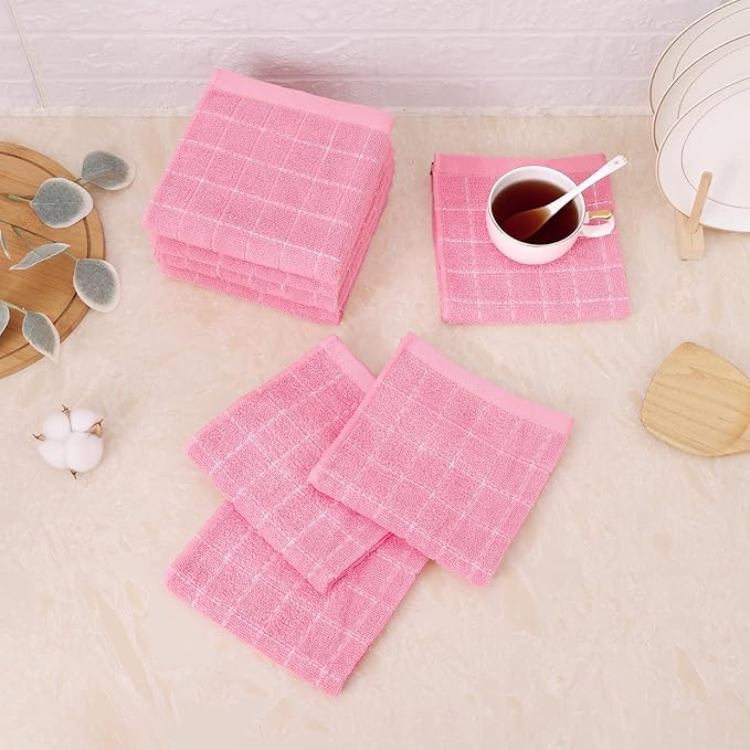 Mordimy 100% Cotton Terrycloth Kitchen Towels and Dishcloths Sets, Soft and Absorbent Checkered Dish Towels, Quick Drying Dish Rags for Washing Dishes, 4 Pack 16" x 26" & 4 Pack 12" x 12", Pink