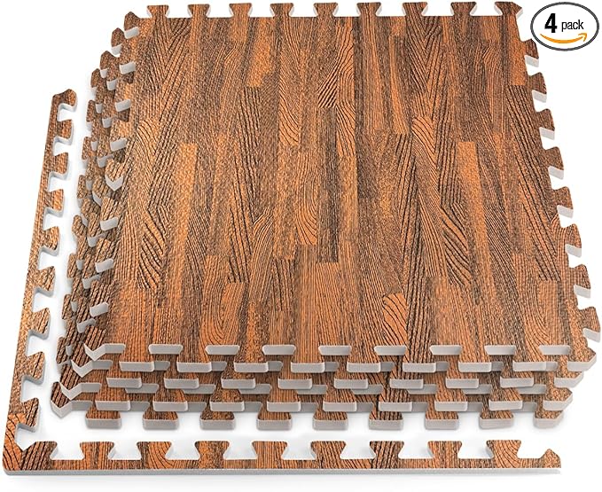 HomeCube USA 3/8 Inch Thick Interlocking Wood Grain Foam Floor Tiles for Home, Office, Workout Equipment Space, Commercial Areas, Anti-Fatigue Flooring Padding 24x24 in., Dark Oak, 16 SQ Ft - 4 Tiles