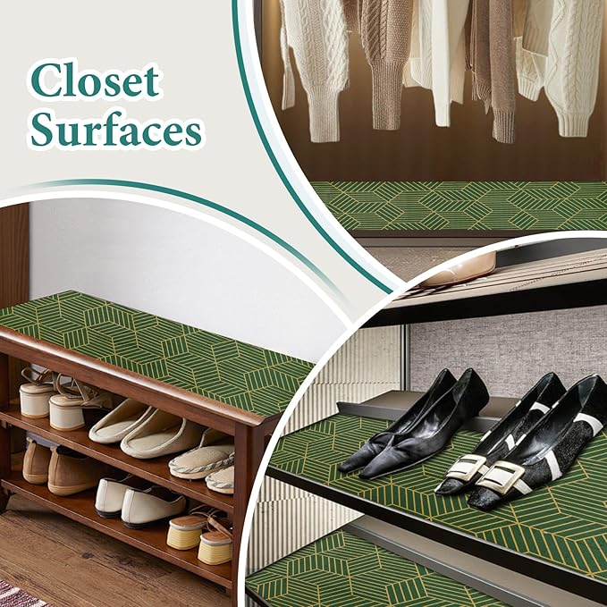 Shelf Liners for Kitchen Cabinets 23.6in x 30FT, Non Adhesive Cabinet Liner Strong Non-Slip Thickened Gold Green Geometric Drawer Liner, Easy to Clean for Shelf, Cabinet with Knife and Tape Measure