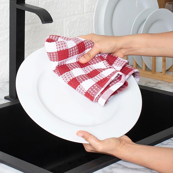 Blue Needles Waffle Weave Check Plaid Kitchen Towels, 15x25 Inches 100% Cotton Set of 4 Dish Towels for Kitchen, Soft & Absorbent for Quick Drying with Hanging Loop Spring Summer - Burgundy & White