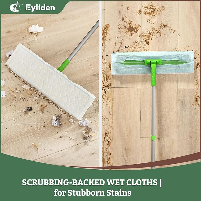 Eyliden Large Sweeper Mop, 16.5" Wide - Lock Tight Design No Lost Pads - 22 Disposable Dry & Wet Cloths, 58" Adjustable Handle, Dust Mops for Pet Hair, Hardwood Floors, Universal Refills (Green)