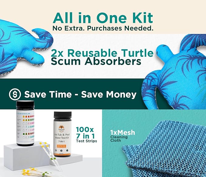 Hot Tub Scum Absorber Turtle ScumGuard Mesh - 2-Pack Oil & Scum Absorber for Spa, Hot Tub & Pool - Keeps Water Clear - Includes 100 x Hot Tub Test Strips & 2 Washable Turtle Absorbers