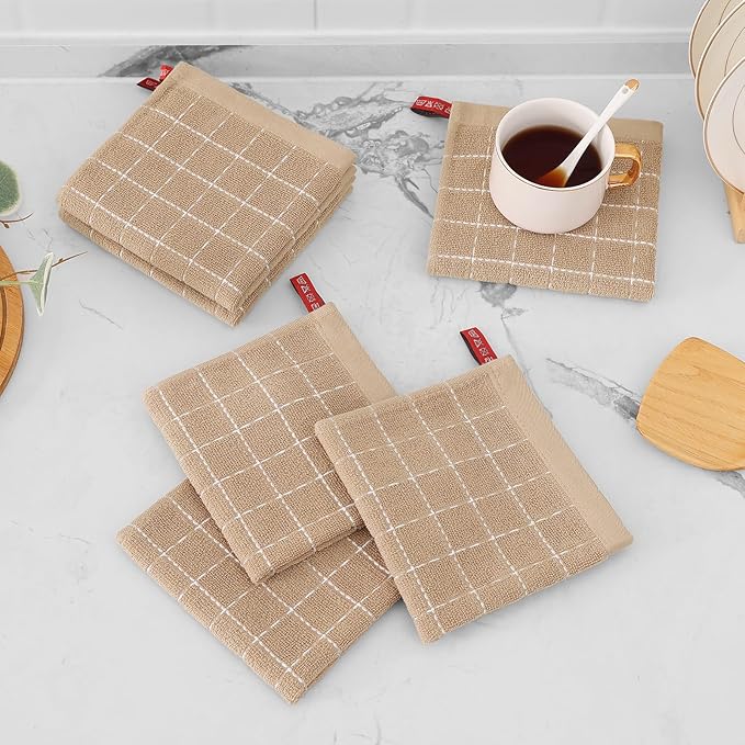 Mordimy 100% Cotton Terry Cloth Dish Cloths, Soft and Absorbent Checkered Dish Towels, Quick Drying Dish Rags for Washing Dishes, 6 Pack, 12 x 12 Inches, Tan