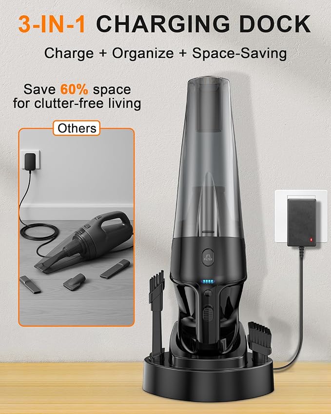Handheld Vacuum Cordless Rechargeable with Charging Dock - 16000Pa Ultra-Strong Suction, Portable & Lightweight, Fast Charging, LED Light, 1000ML Super-Large Dust Cup, Long Battery Life for Home