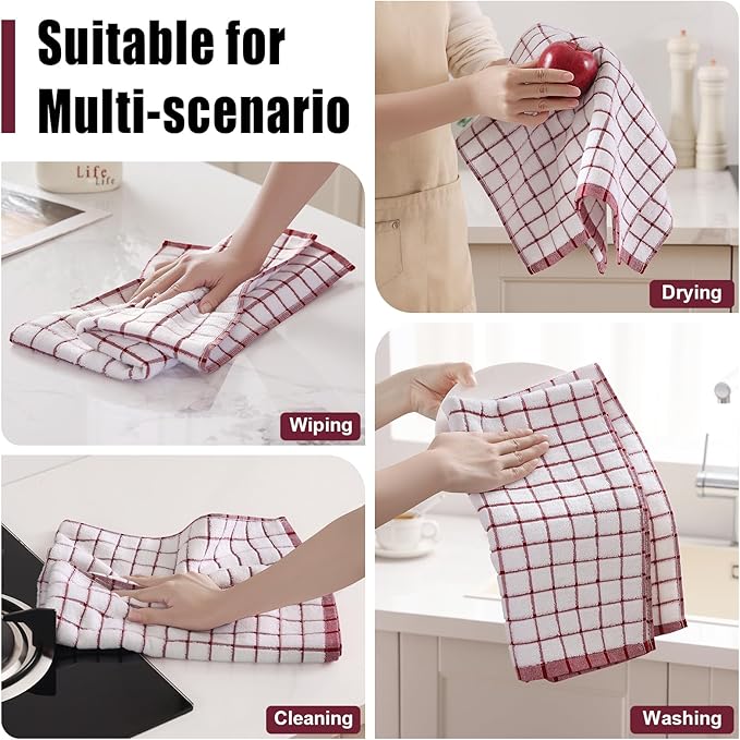 Homaxy Premium Kitchen Towels(16”x 28”, 8 Pack), Large Ring Spun Cotton Dish Towels, Super Absorbent Soft Terry Kitchen Hand Towels, Check Design Tea Towel Set with Hanging Loop, Red