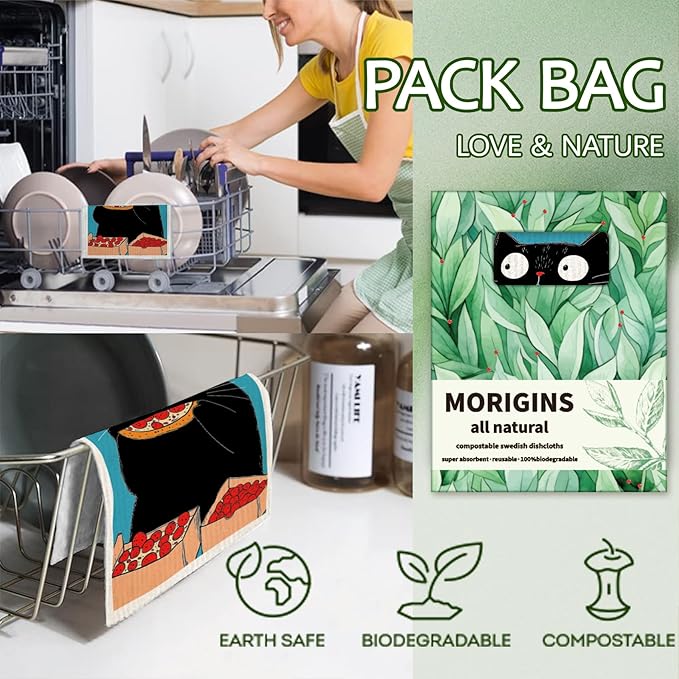 Morigins 12 Pack Swedish Dishcloths with 2 Push Towel Hooks - Design Kitchen Paper Towels Washable, No Odor Cellulose Sponge Cleaning Cloths - Cat Set