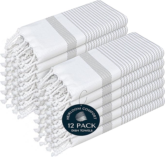 Ash Grey Turkish Kitchen Towels 16x26 Inch, 12 Pack, 100% Cotton, Ultra Absorbent, Soft, Fast Dry, Machine Washable, Dish Towel with Tassels for Drying Dishes, Cleaning, Everyday Use