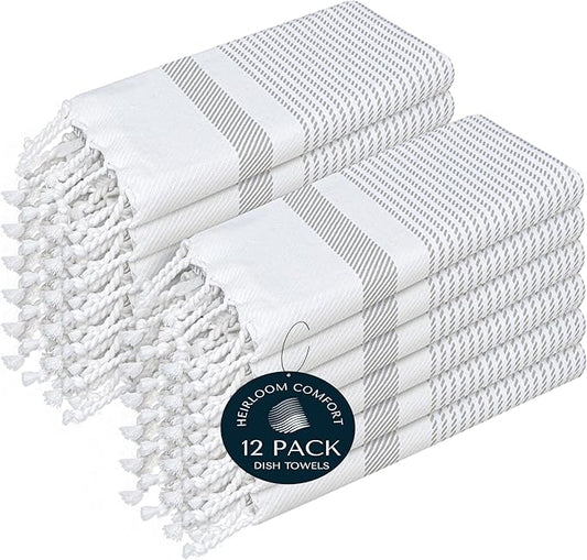 Ash Grey Turkish Kitchen Towels 16x26 Inch, 12 Pack, 100% Cotton, Ultra Absorbent, Soft, Fast Dry, Machine Washable, Dish Towel with Tassels for Drying Dishes, Cleaning, Everyday Use