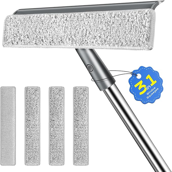 Window Squeegee for Home, Window Cleaner Tool with Extension Pole, Squeegee for Window Cleaning with 3 Microfiber Cloths and Screen Brush, Window Cleaning Kit for Car Windshield, Shower Glass Doors