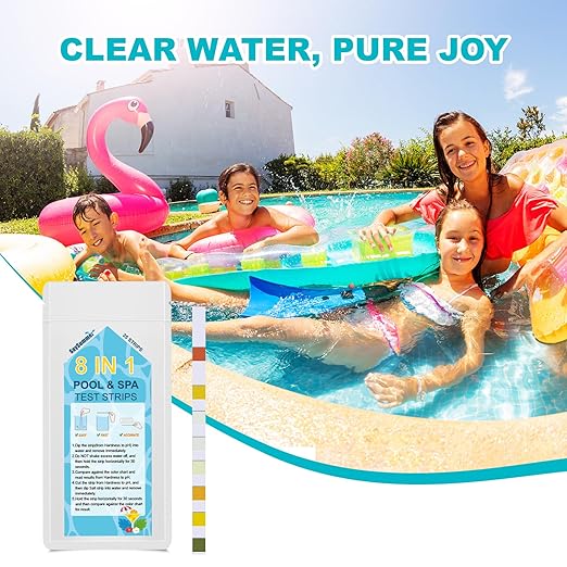 Salt-Water Pool Test Strips Kit: 25 Counts 8-in-1 for Salt Water Pool Testing Kit, Salt Pool Test Strips for Hot Tub Spa Testing Salt Chlorine pH and More