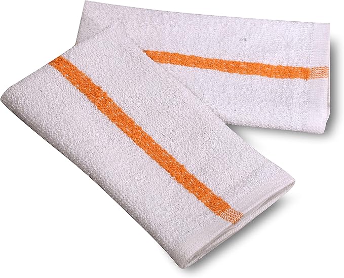 12 PC New Cotton Blend White Restaurant Bar Mops Kitchen Towels (1 Dozen) (12, Gold Stripe)