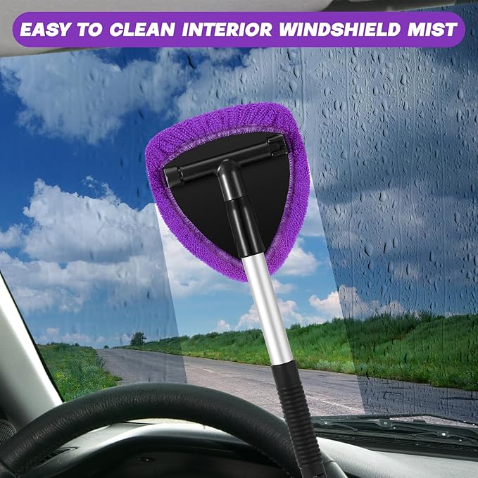 Baderke 10 Pcs Windshield Cleaner Tool Car Window Cleaning Supplies with Extendable Handle Include 6 Washable Microfiber Bonnets 2 Empty 60ml Spray Bottle Glass Wiper Kit(Purple)