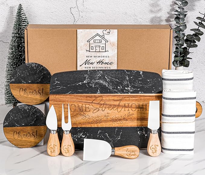 House Warming Gifts New Home,11 Pcs Housewarming Gifts Basket for New House,Unique Housewarming Gift Baskets for Couples, Clients, Women (Black Marble)