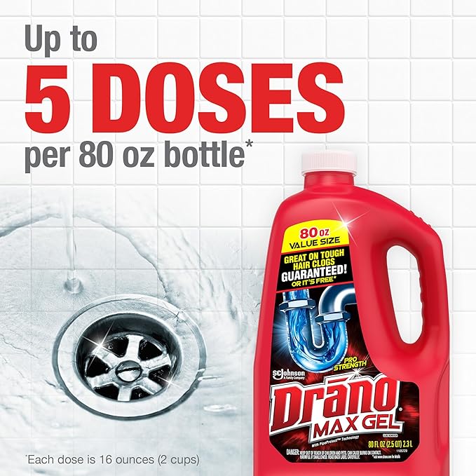 Drano Max Gel Drain Clog Remover and Cleaner for Shower or Sink Drains, Unclogs and Removes Hair, Soap Scum and Blockages, 80 Oz, Pack of 2