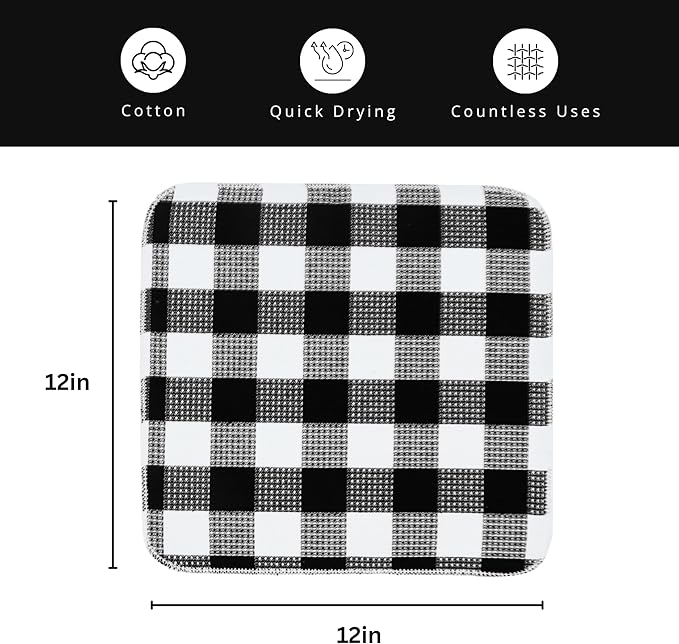 PurpleEssences Waffle Weave Plaid Dish Cloths, 100% Cotton, 12x12 Inch, Soft Absorbent Quick Drying Buffalo Check Dish Rags for Kitchen, 8 Pack, Christmas Holiday Winter - Black & White