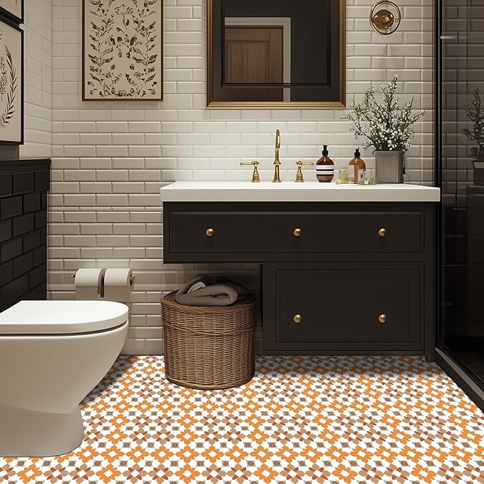 10PCS Peel and Stick PVC Floor Tile Stickers, Retro Orange Floral Pattern Vinyl Flooring Decals for Bathroom Kitchen Laundry Room Decor, 12x12 Inch Waterproof Self-Adhesive Tiles