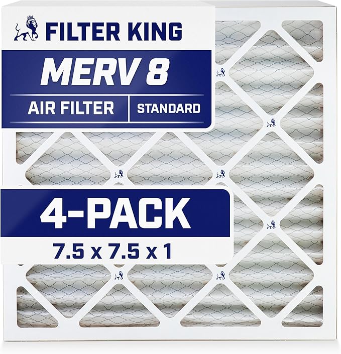 Filter King 7.5x7.5x1 Air Filter | 4-PACK | MERV 8 HVAC Pleated A/C Furnace Filters | MADE IN USA | Actual Size: 7.5 x 7.5 x .75"