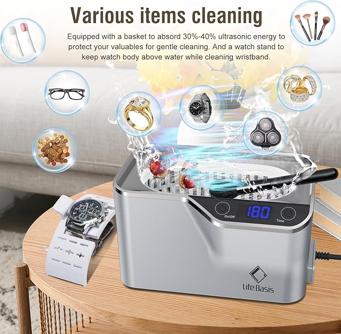 LifeBasis Ultrasonic Cleaner, Professional 45kHz Ultrasonic Jewelry Cleaner 20 Ounces (600ML) with Digital Timer, Watch Holder Ultrasonic Glasses Cleaner for Rings, Coins, Watches, Dentures, Silver