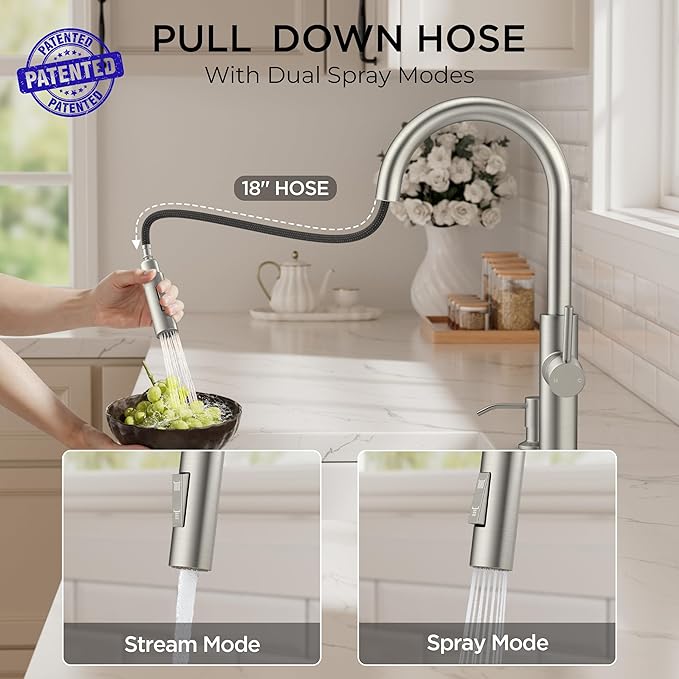 FORIOUS Kitchen Faucet with Pull Down Sprayer, Classic Brushed Nickel, Single Handle High Arc Stainless Steel Kitchen Sink Faucet, 1 or 3 Hole Deck Mount for RV, Bar, Farmhouse, Laundry, Outdoor