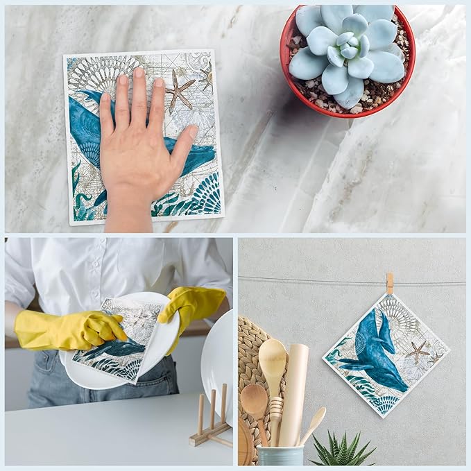 Swedish Dishcloths for Kitchen, Summer Coastal Beach Decor Kitchen Dish Towels for Washing Dishes, 4 Pack Reusable Paper Towels Washable, Sponge Cloths for Cleaning Home Kitchen Decor