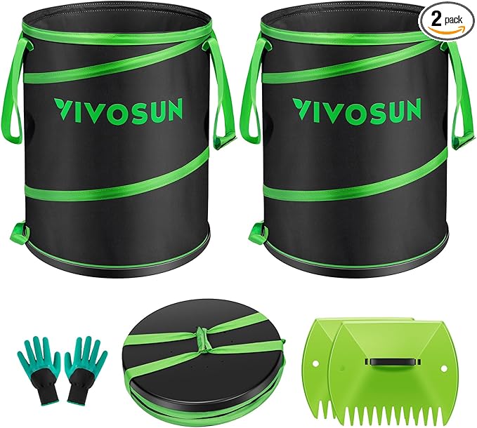 VIVOSUN 30-Gallon Collapsible Garden Bag, Yard Waste Bin with Hard-Shell Bottom, Leaf Scoops and Gloves, Collapsible Yard Waste Containers for Lawn Care and Camping, 2-Pack