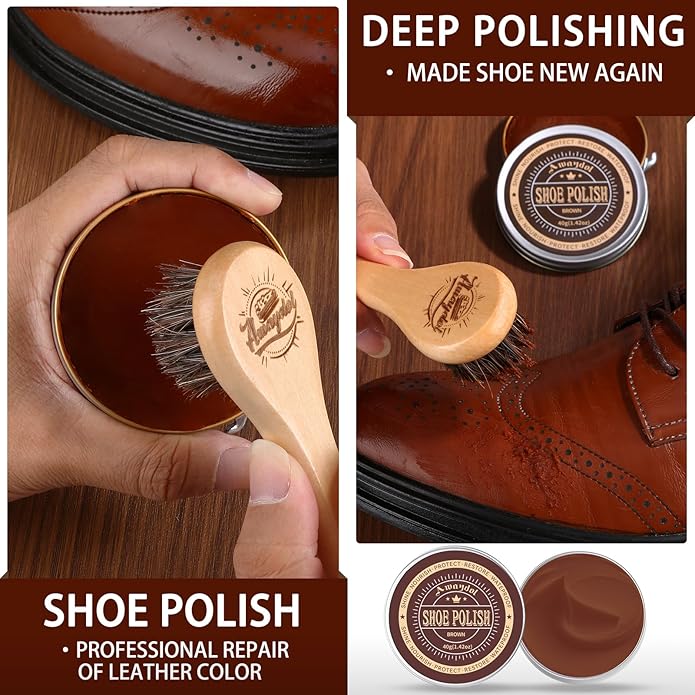 10 PCS Shoe Care Kit - Horsehair Brushes, Black Brown Polish Cream,Mink Oil Conditioner for Shoes,Polishing Cloth, Leather Boots Shine Care Kit ﻿Gift for Men Cowboy Husband Dad ﻿