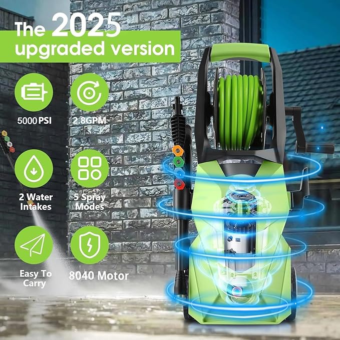 5000PSI Pressure Cleaner,Power Cleaner with Foam Cannon,4 Nozzles,33FT Hose and 500ml Soap Bottle for Home/Cars/Driveways/Patios/Fences,Green