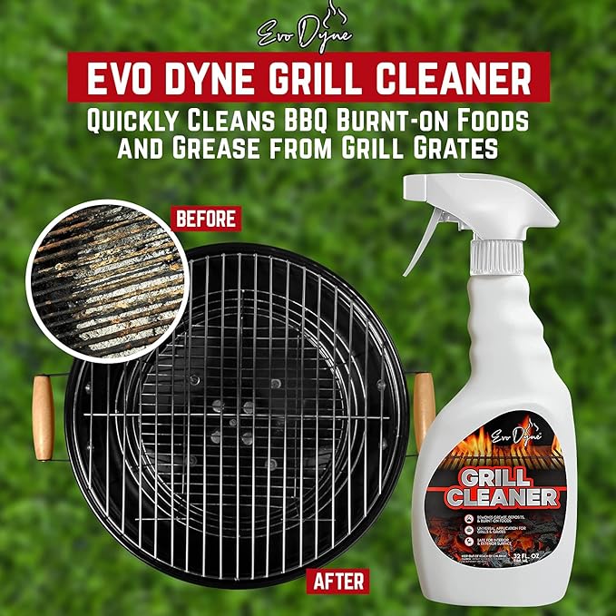 Evo Dyne Grill Cleaner Spray (32 oz), Made in USA - Quickly Cleans BBQ Burnt-on Foods and Grease from Grill Grates - Heavy Duty, Fast-Acting Formula, Less Scrubbing - Food Safe Grill & Oven Degreaser (3-Pack)