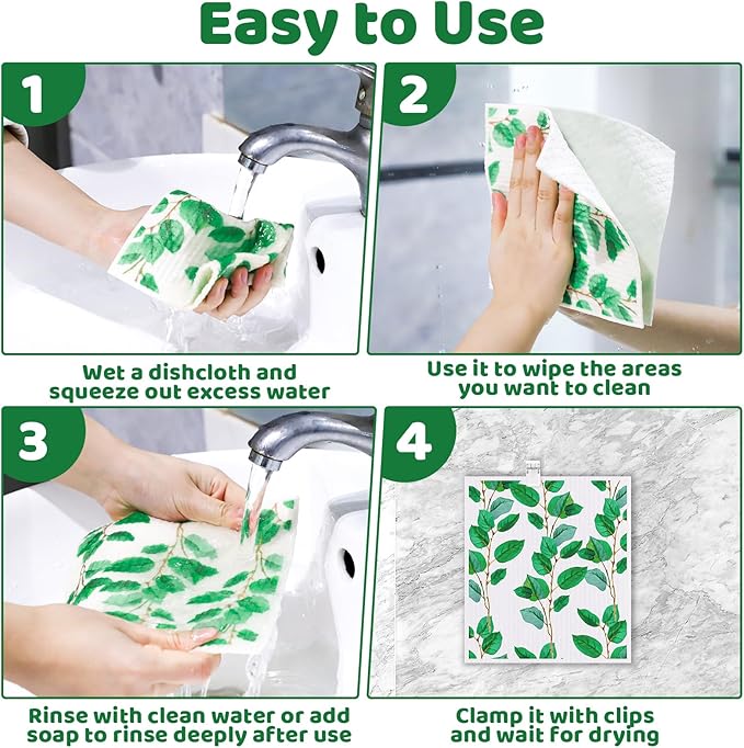 Needbrock 6 Pack Swedish Dishcloths for Kitchen, Swedish Rags Absorbent Green Leaf Dish Cloths Dish Towels with Adhesive Clips, Reusable Paper Towels No Odor for Cleaning Home Kitchen