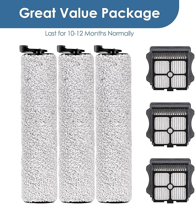 (6 Pack) Floor One S3 Replacement Brush Rollers and HEPA Filters for Tineco Floor One S3, iFloor 3 Cordless Wet Dry Vacuum Cleaner, 3 Brush Rollers, 3 HEPA Filters, Accessories Kit