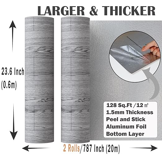 Oxdigi Peel and Stick Vinyl Flooring 2 Rolls 23"x 393"/128 Sq.Ft, Self Adhesive Vinyl Floor Tiles Wood Plank Flooring Waterproof Wear-Resistant for Any Room, Easy DIY Floor Coverings, Grey Wood