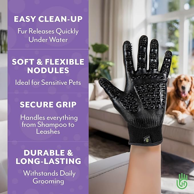 H HandsOn Pet Grooming Gloves - Patented #1 Ranked, Award Winning Shedding, Bathing, & Hair Remover Gloves - Gentle Brush for Cats, Dogs, and Horses (Black, X-Large)