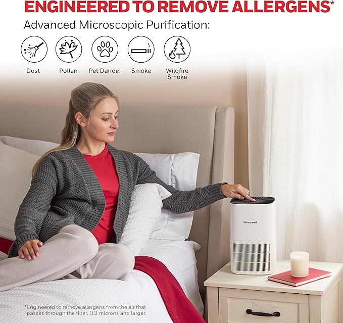 Honeywell AllergenPlus HEPA Air Purifier for Home, 530 Ft² Rooms in 1 hour, 3-in-1 Filter, Compact Design, Auto Mode, Reduces Allergens, Dust, Pollen, Smoke, Pet Dander, Odors, White, HPA125W